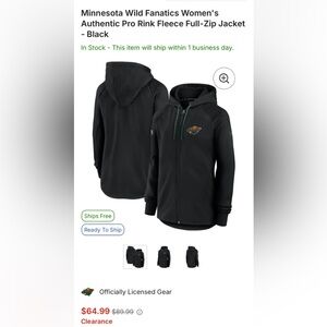 Fanatics Black Pro Rink Women’s Zip Hoodie Small Hockey NHL